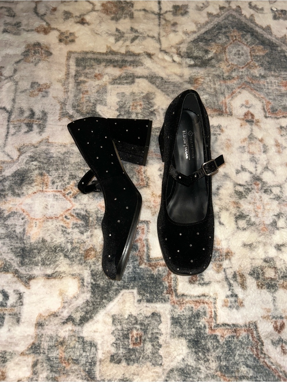 Call It Spring Black Velvet Mary Jane Heels with Rhinestone Studs - Picture 2 of 2